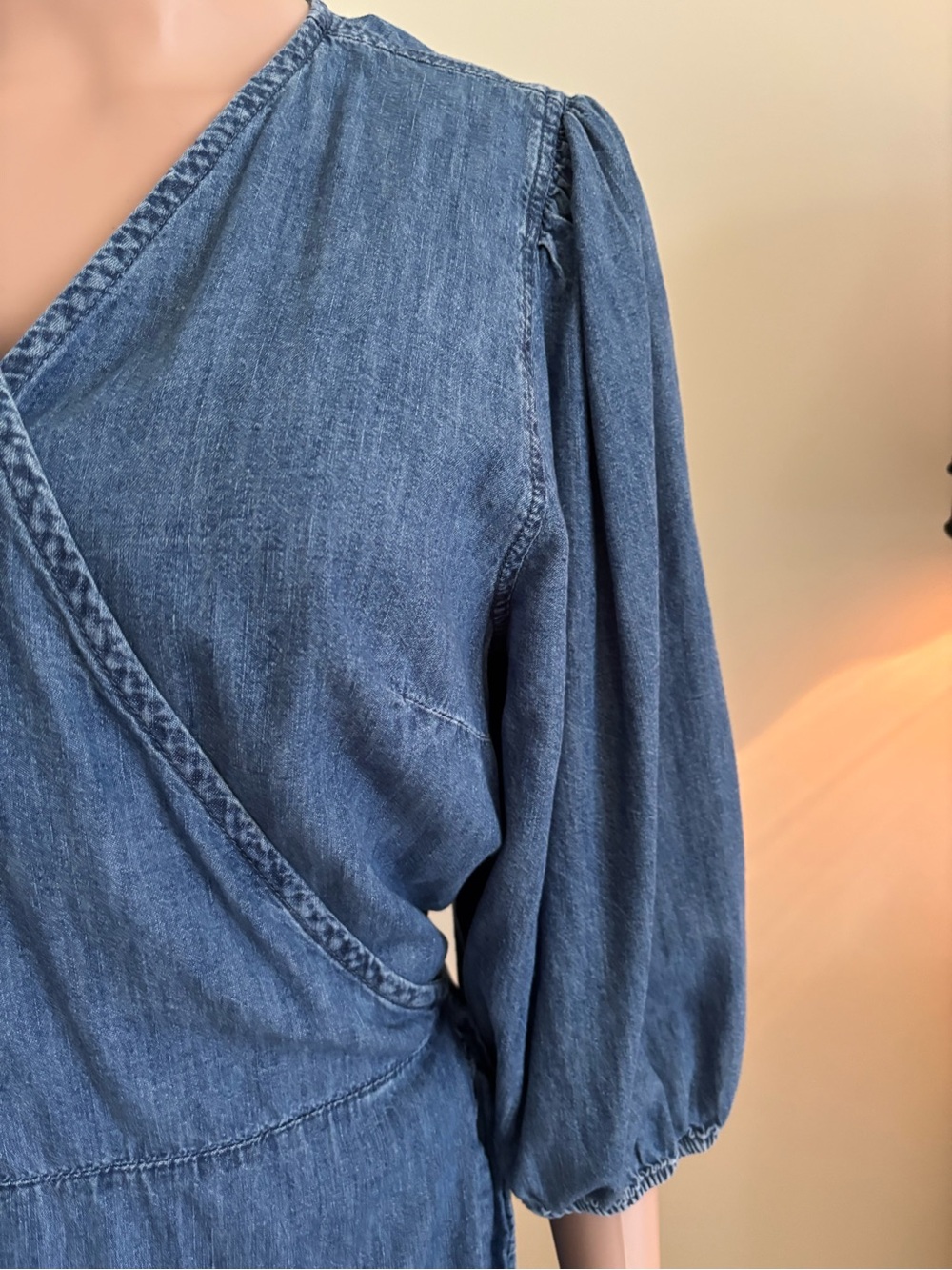 Denim Blue Wrap Ruffle Mini Dress with Puff Sleeves - Picture 6 of 14